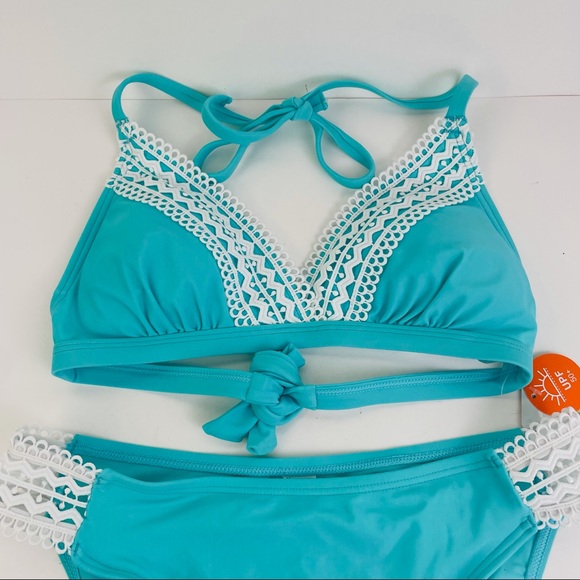 Beautyin Crochet Lace Bikini Two Piece Aqua Turquoise UPF 50 Women’s Size Small - Picture 3 of 7